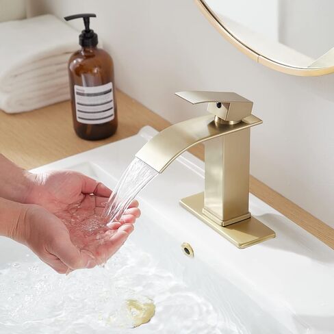 Brushed Gold Bathroom Sink Faucet Waterfall Single Hole Single Handle Lavatory Vanity Modern with Pop Up Drain with Overflow 1 or 3 Hole Deck Mounted Commercial Mixer Tap in Saudi Arabia