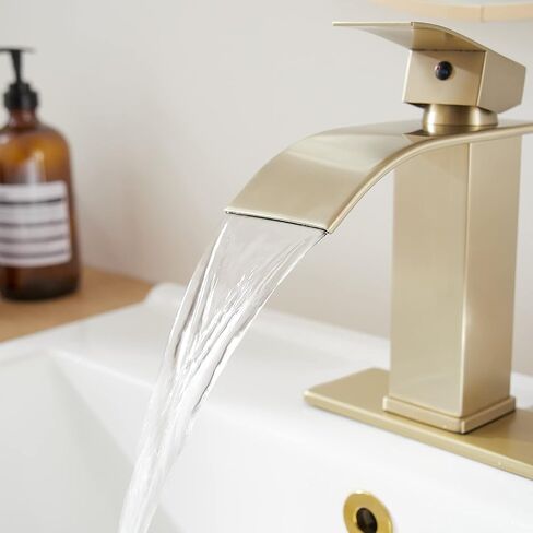 Brushed Gold Bathroom Sink Faucet Waterfall Single Hole Single Handle Lavatory Vanity Modern with Pop Up Drain with Overflow 1 or 3 Hole Deck Mounted Commercial Mixer Tap in Saudi Arabia