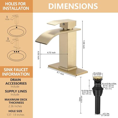Brushed Gold Bathroom Sink Faucet Waterfall Single Hole Single Handle Lavatory Vanity Modern with Pop Up Drain with Overflow 1 or 3 Hole Deck Mounted Commercial Mixer Tap in Saudi Arabia