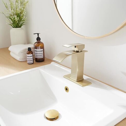 Brushed Gold Bathroom Sink Faucet Waterfall Single Hole Single Handle Lavatory Vanity Modern with Pop Up Drain with Overflow 1 or 3 Hole Deck Mounted Commercial Mixer Tap in Saudi Arabia