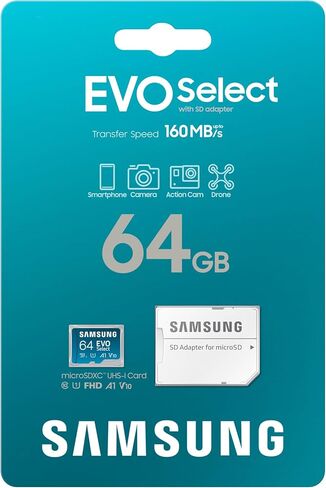 SAMSUNG EVO Select Micro SD -Memory -Card + Adapter, 64GB microSDXC 130MB/s Full HD & 4K UHD, UHS-I, U1, A1, V10, Expanded Storage for Android Smartphones, Tablets, Nintendo -Switch (MB-ME64KA/AM) in Saudi Arabia