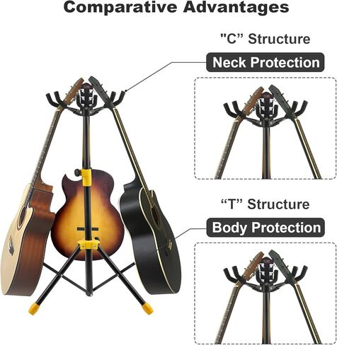 حوامل جيتار متعددة، حامل جيتار ثلاثي قابل للطي وقابل للتعديل مع حامل للرقبة، حامل أرضي عالمي للقيثارات الكهربائية الصوتية، باس بانجوس، حامل جيتار ثلاثي القوائم يحمل 3 جيتار معًا in Kuwait