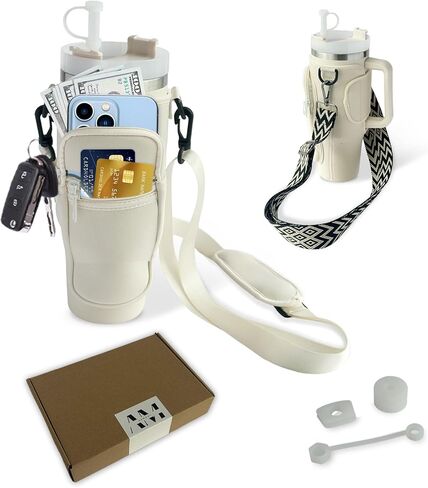 Water Bottle Carrier Bag with Pocket for Stanley 40oz Tumbler Holder Pouch with Adjustable Strap, Straw Cover & Leak Proof Set for Stanley Cup Accessories, Gift Box, Beige in Saudi Arabia