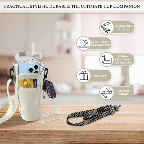 Water Bottle Carrier Bag with Pocket for Stanley 40oz Tumbler Holder Pouch with Adjustable Strap, Straw Cover & Leak Proof Set for Stanley Cup Accessories, Gift Box, Beige in Saudi Arabia