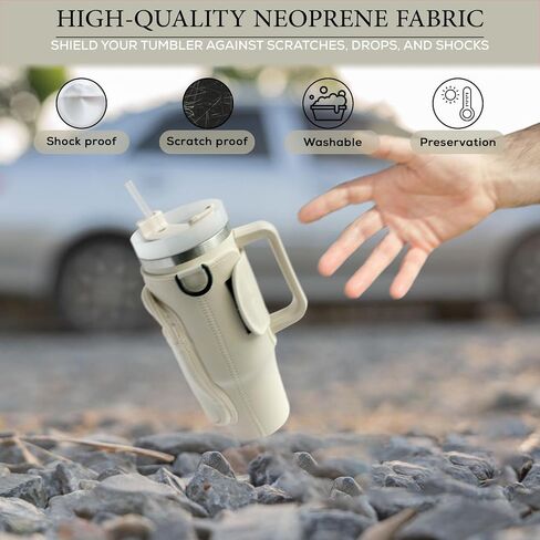 Water Bottle Carrier Bag with Pocket for Stanley 40oz Tumbler Holder Pouch with Adjustable Strap, Straw Cover & Leak Proof Set for Stanley Cup Accessories, Gift Box, Beige in Saudi Arabia