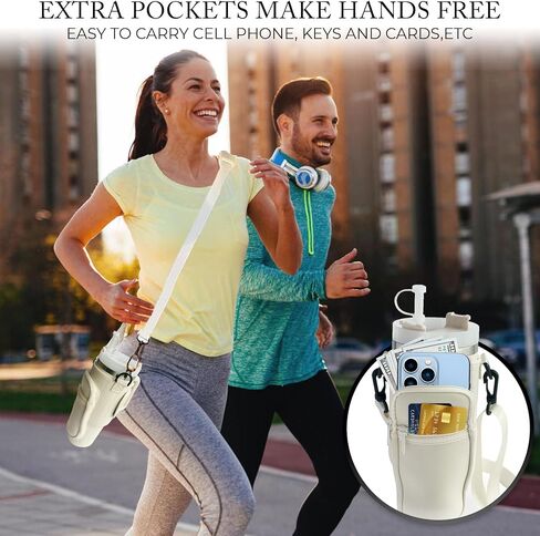 Water Bottle Carrier Bag with Pocket for Stanley 40oz Tumbler Holder Pouch with Adjustable Strap, Straw Cover & Leak Proof Set for Stanley Cup Accessories, Gift Box, Beige in Saudi Arabia