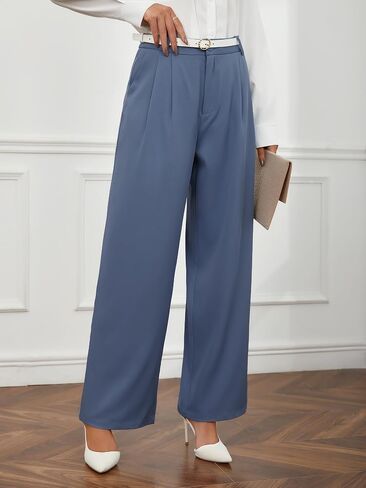 SweatyRocks Women's Casual Wide Leg High Waisted Button Down Straight Long Trousers Pants Pastel Blue XL in Saudi Arabia