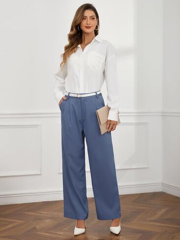 SweatyRocks Women's Casual Wide Leg High Waisted Button Down Straight Long Trousers Pants Pastel Blue XL in Saudi Arabia