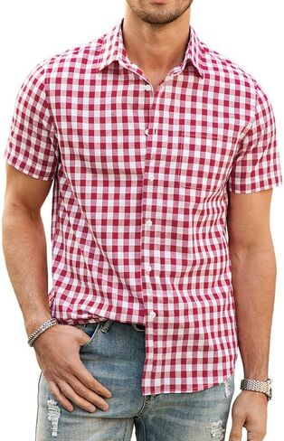 JMIERR Mens Casual Button Down Short Sleeve Shirts 100% Cotton Plaid Summer Shirts for Men with Pockets in Saudi Arabia