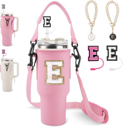 Personalized Initial A-Z Water Bottle Holder Bag for Stanley 40oz Tumbler with Strap,2 Straw Cover Caps & 2 Letter Chains for Stanley Cup Accessories in Saudi Arabia