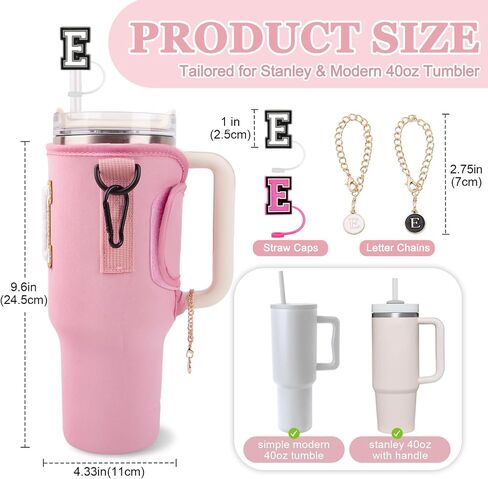 Personalized Initial A-Z Water Bottle Holder Bag for Stanley 40oz Tumbler with Strap,2 Straw Cover Caps & 2 Letter Chains for Stanley Cup Accessories in Saudi Arabia