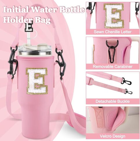 Personalized Initial A-Z Water Bottle Holder Bag for Stanley 40oz Tumbler with Strap,2 Straw Cover Caps & 2 Letter Chains for Stanley Cup Accessories in Saudi Arabia