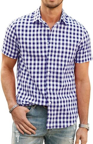 JMIERR Mens Casual Button Down Short Sleeve Shirts 100% Cotton Plaid Summer Shirts for Men with Pockets in Saudi Arabia