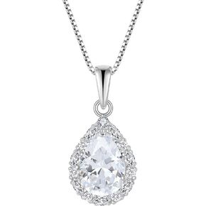 PYNZY Teardrop Dangle Drop Necklace for Women 925 Sterling Silver Halo Pendant 7x10mm Birthstone Jewelry Gift