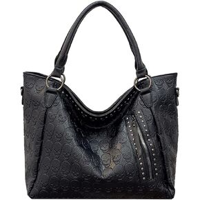 Women Skull Large Tote Bag Rivet Studded Handbag PU Leather Gothic Purse Printing Shoulder Bag Punk Satchel Black