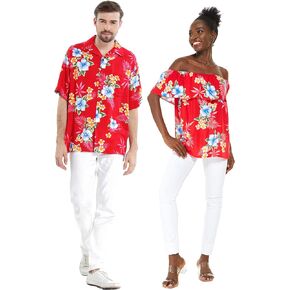 Matchable Couple Hawaiian Luau Shirt or Off-Shoulder Ruffle Muumuu Top in Hibiscus Black