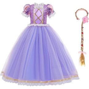 IWEMEK Girls Princess Christmas Dress Costume Fairy Tale Cosplay Fancy Dress Up Birthday Party Long Tulle Gown Braided Wigs