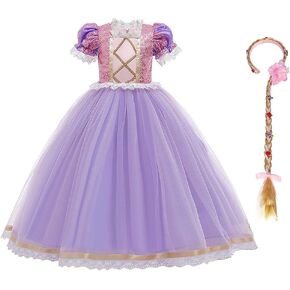 IWEMEK Girls Princess Christmas Dress Costume Fairy Tale Cosplay Fancy Dress Up Birthday Party Long Tulle Gown Braided Wigs