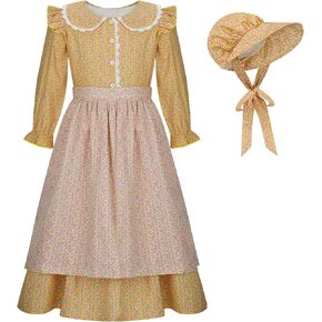 SOLOTIMES Kids Pioneer Prairie Pilgrim Costume Dress Girls Yellow Blue 1800s Village Floral Colonial Halloween Cosplay Outfit