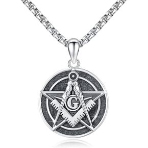 Masonic Necklace 925 Sterling Silver Freemason Symbol Masonic Pendant Necklace Masonic Gift Free and Accepted Masons Jewelry for Men Father Boyfriends