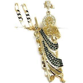 Fran & Co. Jewelry Gold Plated Big XL Green Saint Jude Pendant Necklace Figaro 26" San Judas Tadeo Medalla Cadena Oro Laminado
