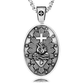 Cross Jesus Christ Sacred Heart Medal Divine Love Flame Devotional Christian Amulet Unique Solid 925 Sterling Silver Pendant Necklace + Velvet Pouch, Polishing Cloth, Fine Gift Box