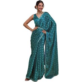 ساري نسائي من SIRIL شيفون شيفون مطبوع، دانتيل، شرابة (حزام) مع قطعة بلوزة غير مخيطة in Kuwait