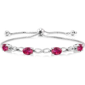Gem Stone King 925 Sterling Silver Red Created Ruby and White Lab Grown Diamond Tennis Bracelet For Women (4.02 Cttw, Oval 7X5MM, Fully Adjustable Up to 9 Inch)
