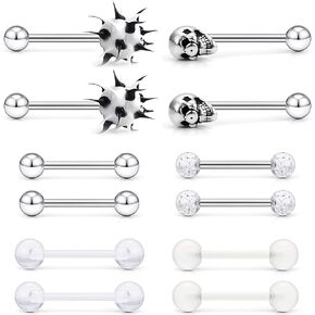 SCERRING 6 أزواج 14G الفولاذ المقاوم للصدأ لينة سيليكون واضح الاكريليك الجمجمة توهج في الظلام دعابة اللسان حلمات حلقة هيئة ثقب المجوهرات التجنيب in Kuwait