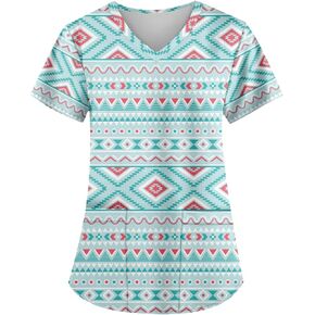 Women's V-Neck Short Sleeve Native Indians Aztec Print Scrub Shirts Nursing Tops with Two Pockets in Kuwait