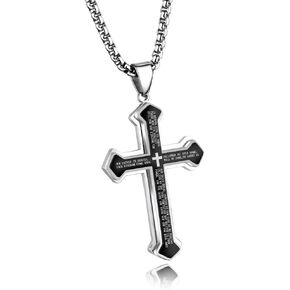 NewZenro Three Layered Cross Necklace for Men Boys with English Bible Verse Crucifix Our Father Lord's Prayer Stainless Steel Black Pendant Religious Christ Faith Fashion Chain Jewelry 23.6"