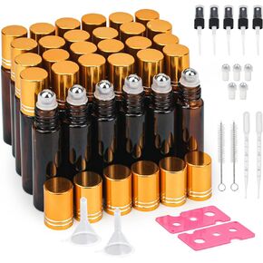 10ml Essential Oil Roller Bottles Stainless Steel,15 Pack Clear Glass Roller Bottles with Bamboo Lids,5 Extra Roller Balls,5 Sprays,Opener,Funnels,Droppers,Brush&Labels 2 each(Clear-Bamboo Lid)