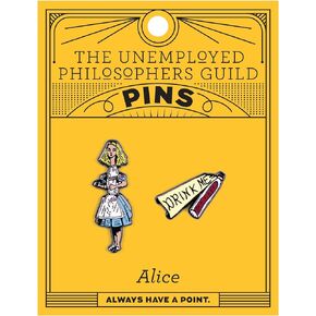The Unemployed Philosophers Guild Alice and Drink Me Enamel Pin Set - Strong Rubber Backing Clasps