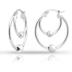 Hoops & Loops 925 Sterling Silver 25mm High Polished Beaded Double Hoop Earrings for Women and Teen Girls