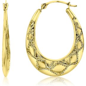 14K Yellow Gold 2x25mm Textured Lightweight Oval Hoop Earrings