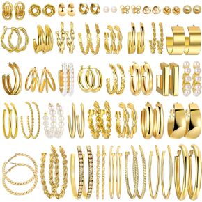 41Pairs Fashion Gold Plated Earring Sets for Women, Hypoallergenic Hoop Earrings Multipack, Chunky Chain Twisted Hoop Earrings, Small Pearl Earrings for Girls Gift