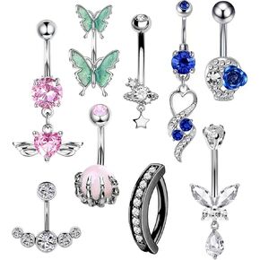 9 قطع 14 جرام البطن زر الدائري الجراحية الصلب استرخى البطن الحديد ثقب المجوهرات خواتم السرة حزمة فراشة عين الشر زهرة الماس على شكل قلب in Kuwait