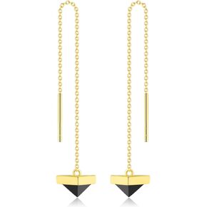 14K Gold Onyx Threader Earrings for Women Real Yellow Gold Pull Through Earrings with Pyramid-cut Black Onyx Gold Chain Earrings