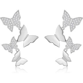 Butterfly Earrings for Women - S925 Sterling Silver Dangle Drop Butterfly Earrings with Cubic Zirconia | Earrings Valentine's Day Anniversary Birthday for Wife Girlfriend