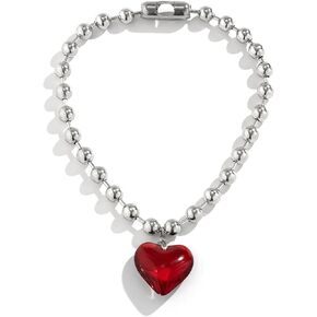 COLORFUL BLING Punk Chunky Glass Puffy Heart Beads Chain Choker Necklace Coloured Glaze Heart Charms Pendant Necklace Y2K Aesthetic Simple Jewelry for Women Girls