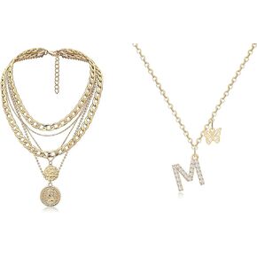 MJartoria Bundle - Women's Alloy Pendant Necklace Layered Retro Coin Gold Chain and Gold Initial Necklaces for Women/A Letter Pendant