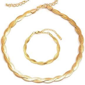 TUOKAY 14k Gold Twister Herringbone Necklace and Bracelet Set of 2 pcs Girls Herringbone Chain Necklace Herringbone Bracelet in Kuwait