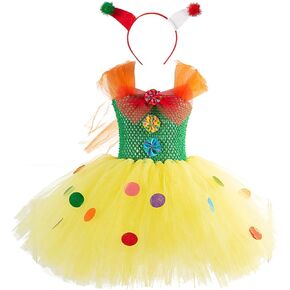 HIHCBF Circus Clown Girl Costume Handmade Tutu Dress Kids Funny Role Play Halloween Christmas Carnival Outfits w/Hair Hoop