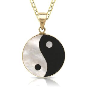 JewelryWeb Real 14k Gold Green Jade or Black Onyx Small Yin Yang Necklace (14mm x 22mm)