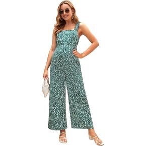 OYOANGLE Women's Maternity Boho Spaghetti Straps Sleeveless Ditsy Floral Print Wide Leg Long Pants Casual Jumpsuit