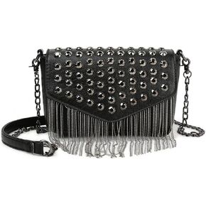 Ayliss Women Crossbody Handbag Purse Small Rivets Studded Tassel Shoulder Bag Clutch Gothic Punk Rock Party Funky Bag (Rectangle Black)