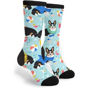 Pool Party Dogs Unisex Fun Cool 3D Print Colorful Sport Novelty Crew Tube Socks, Black and White, One Size