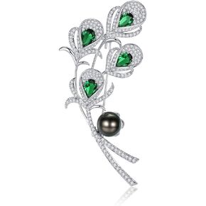 VIKI LYNN 9-10mm Tahitian Black Pearl Brooch Pin Peacock Feather Brooch for Women Ladies