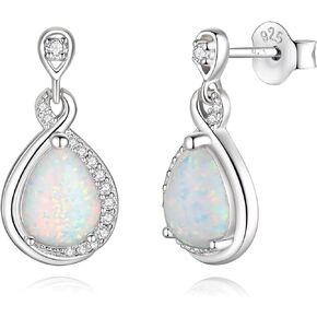 FANCIME Opal Earrings Sterling Silver Infinity Stud Dangle Earrings with Created Teardrop White Fire Opal, Fine Opal Jewelry for Women