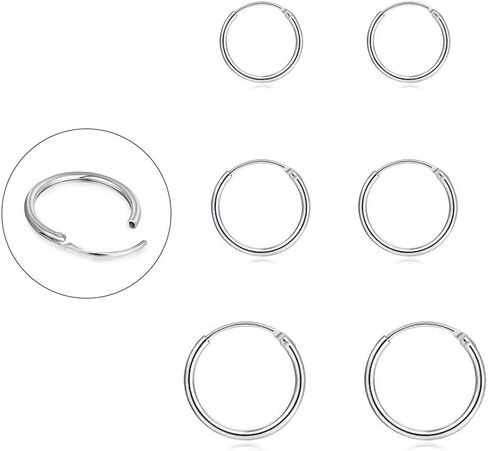 Silver Hoop Earrings for Women Men Girls- Cartilage Earring Endless Small Hoop Earrings Set,3 Pairs of Hypoallergenic 925 Sterling Silver Tragus Earrings Nose Lip Rings in Saudi Arabia